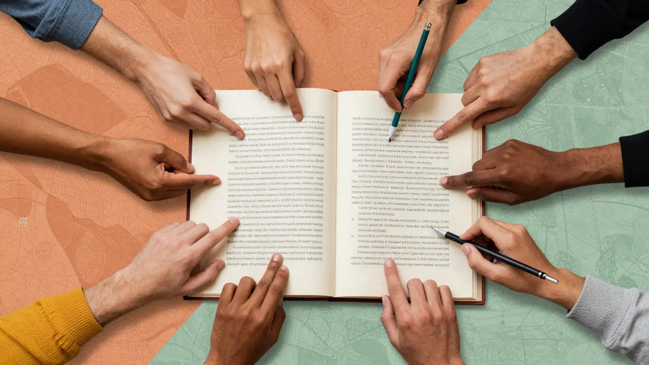 Collage of diverse hands collaborating on a large paper document representing community editing