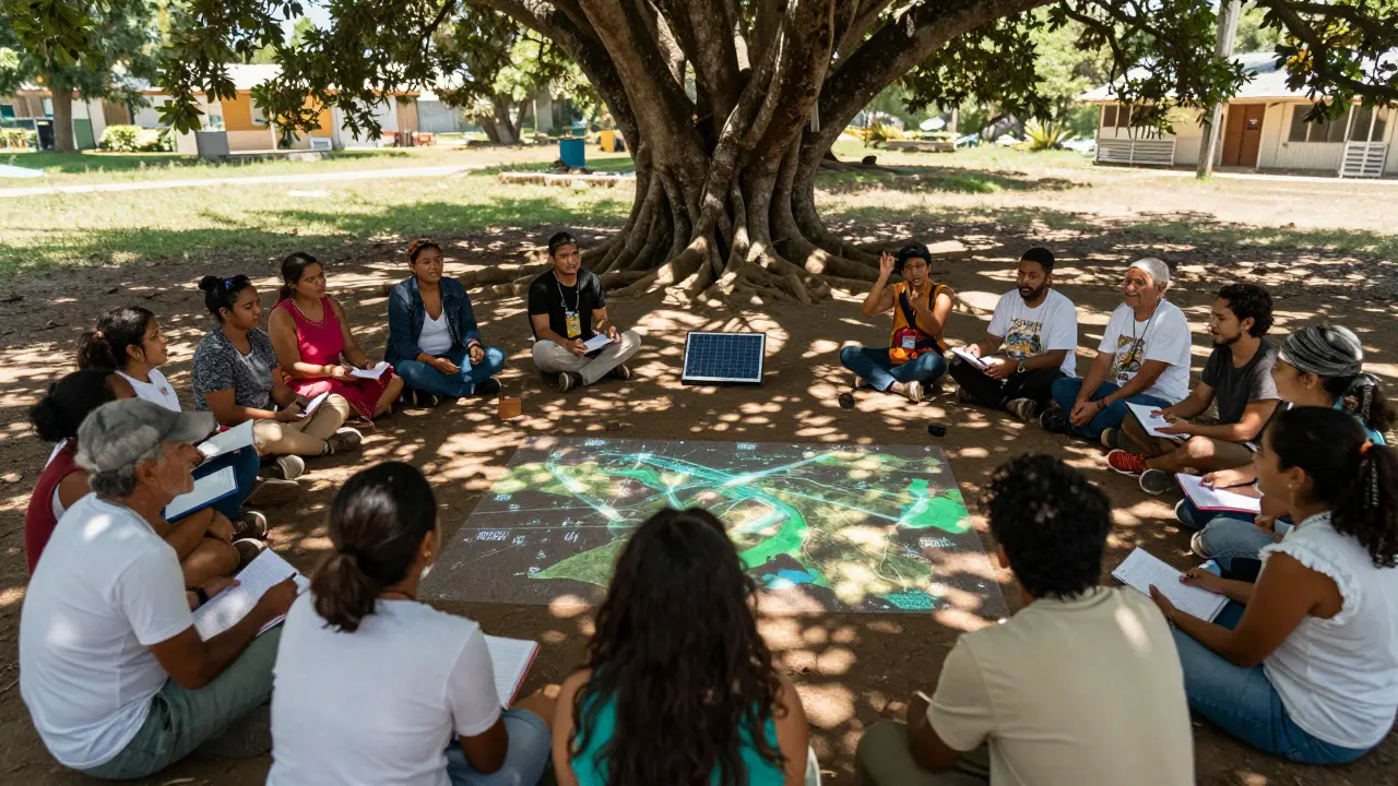 Community members discussing around a solar-powered projector under a banyan tree