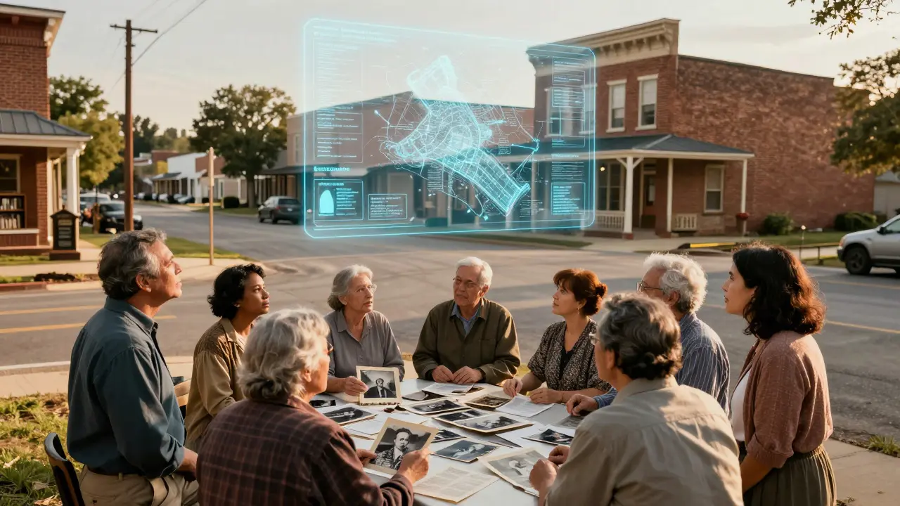 Community members in a small town examining historical photos while interacting with a digital hologram