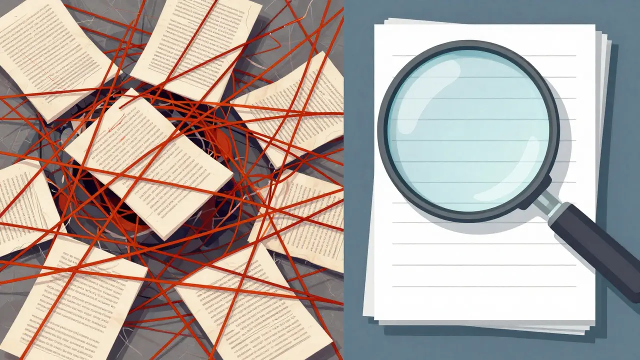 Conceptual art comparing a messy pile of papers to an organized stack under a magnifying glass