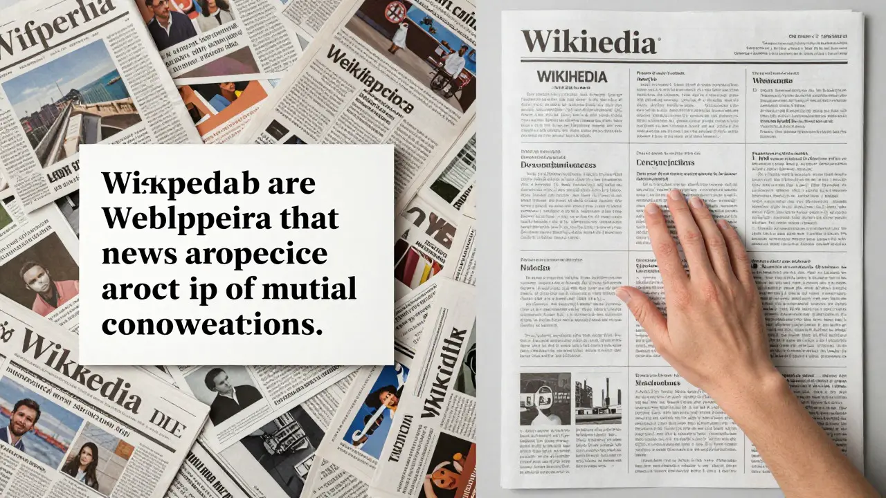 Conceptual art comparing chaotic news media with structured encyclopedia facts