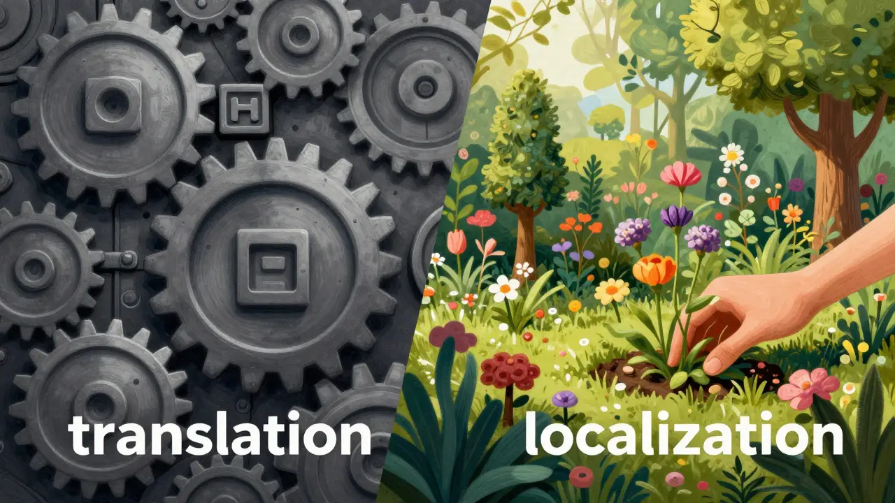 Conceptual art comparing mechanical translation structures with organic localized gardens