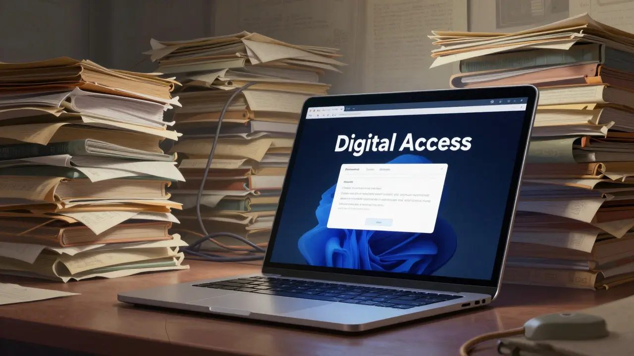 Conceptual art contrasting a modern dark-mode device with faded, cluttered legacy document stacks