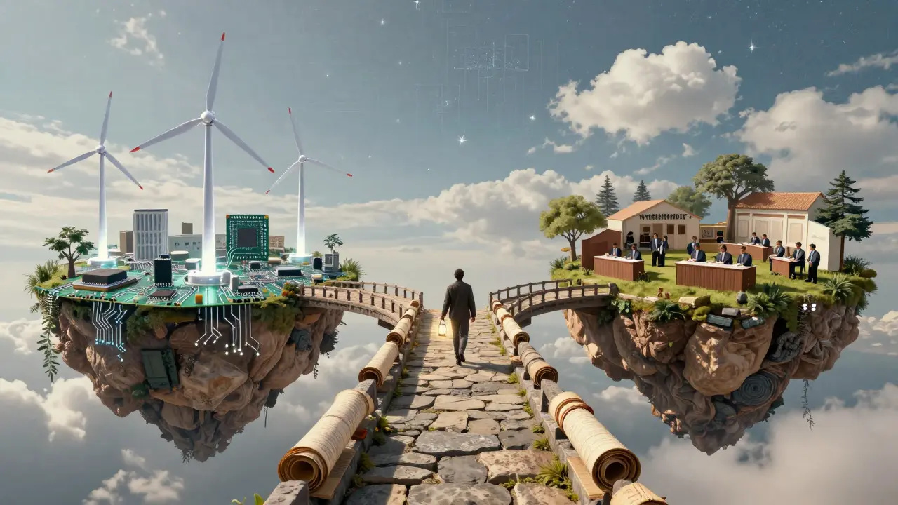 Conceptual art of a bridge connecting a tech island with a societal community island