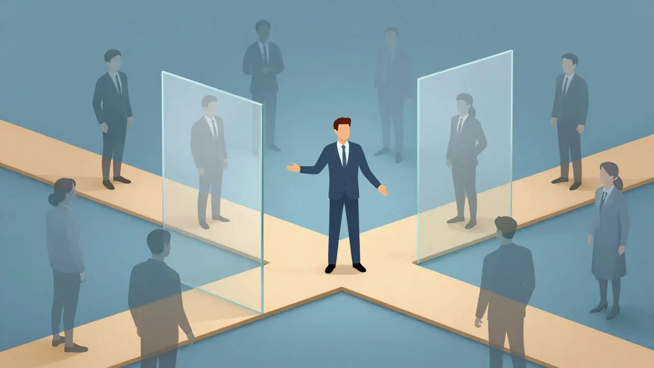 Conceptual art of a central moderator guiding diverse figures at a crossroads of opinions