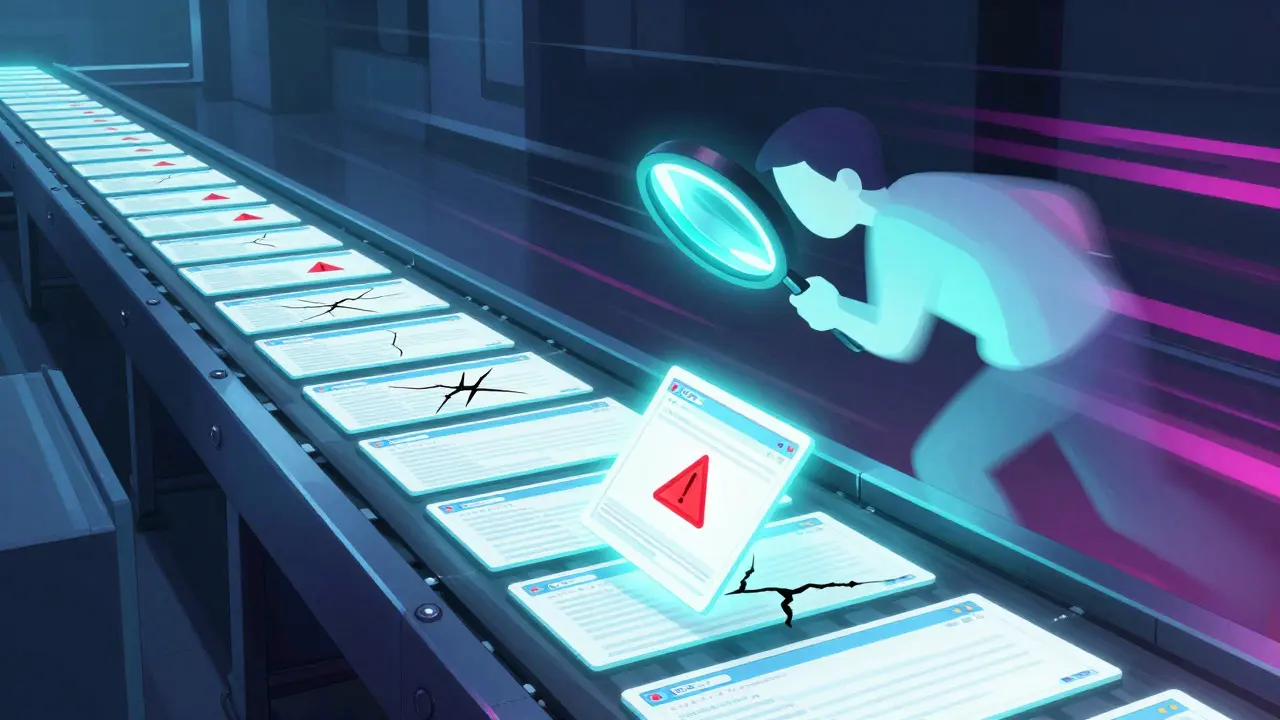 Conceptual art of a conveyor belt carrying web pages being rapidly scanned for errors
