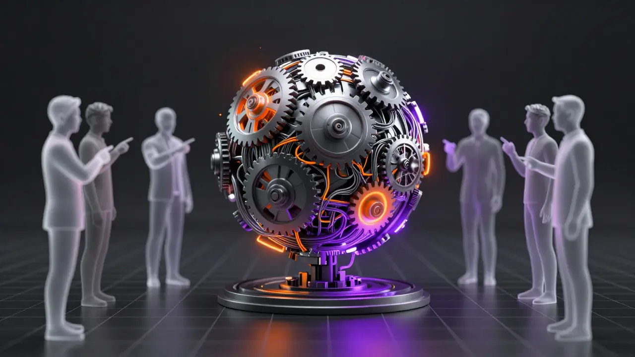 Conceptual art of a glowing AI machine surrounded by debating human silhouettes