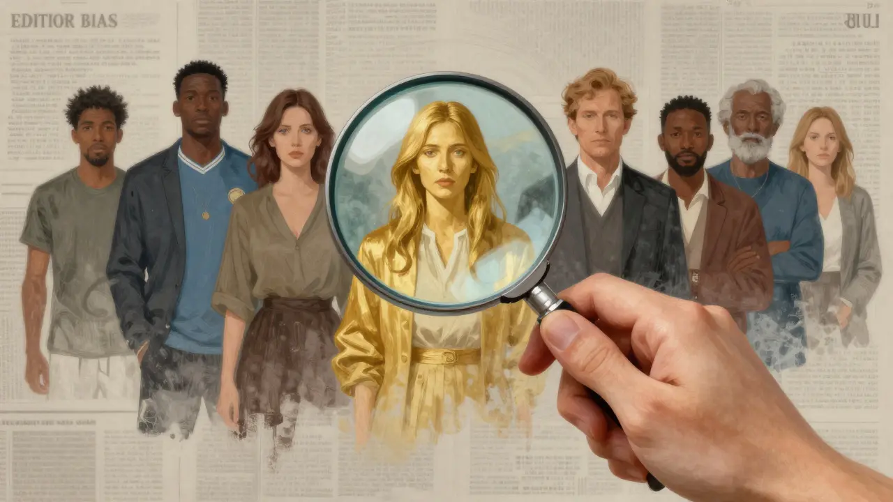 Conceptual art of a magnifying glass selectively highlighting diverse figures
