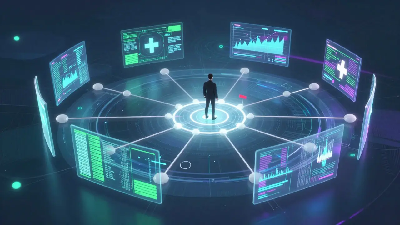 Conceptual art of a person analyzing a network of verified data connections