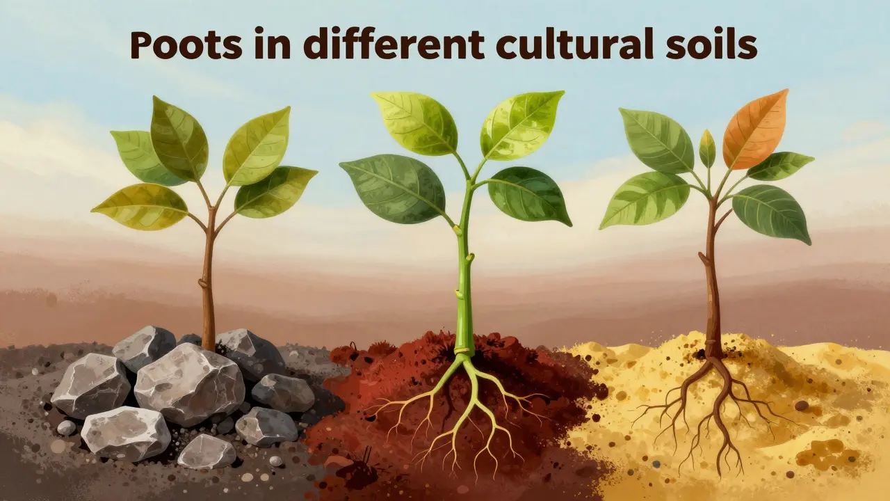 Conceptual art of a plant splitting into different branches growing in varied soils, representing cultural adaptation