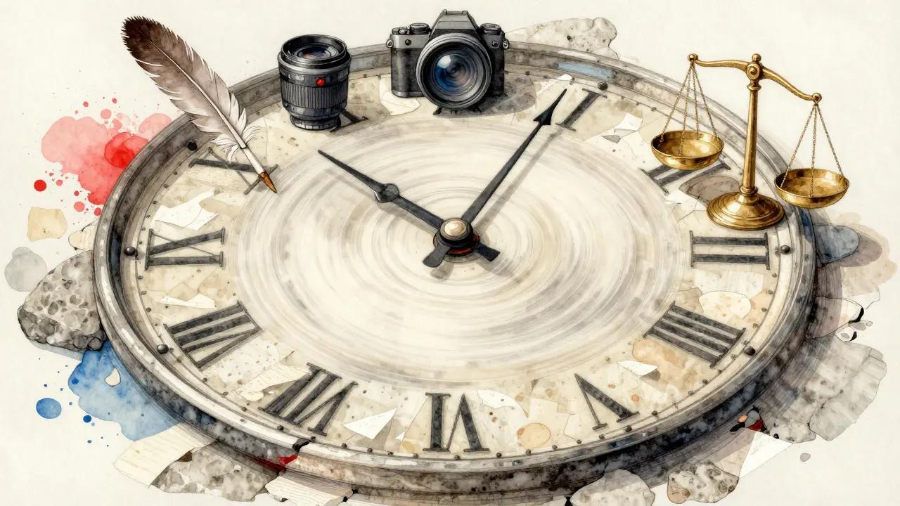 Conceptual art of a spinning clock with symbols for editorial debates like citations and images.