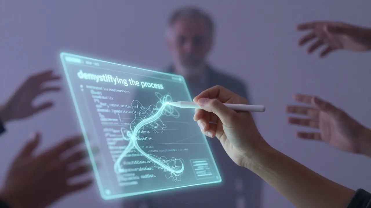 Conceptual art of a student creating content with a glowing, organic interface