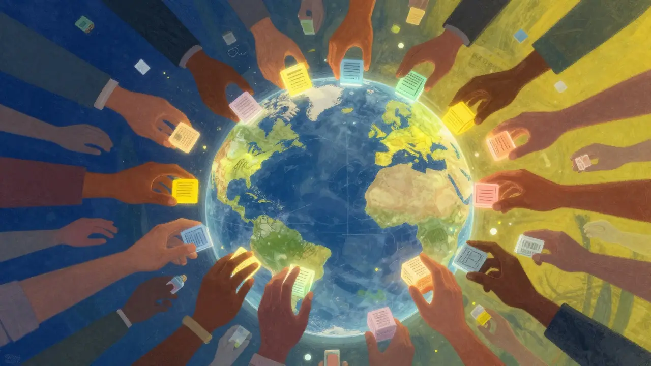 Conceptual art of diverse hands assembling a glowing globe of knowledge blocks