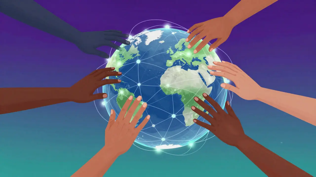 Conceptual art of diverse hands connecting to a digital globe representing global governance