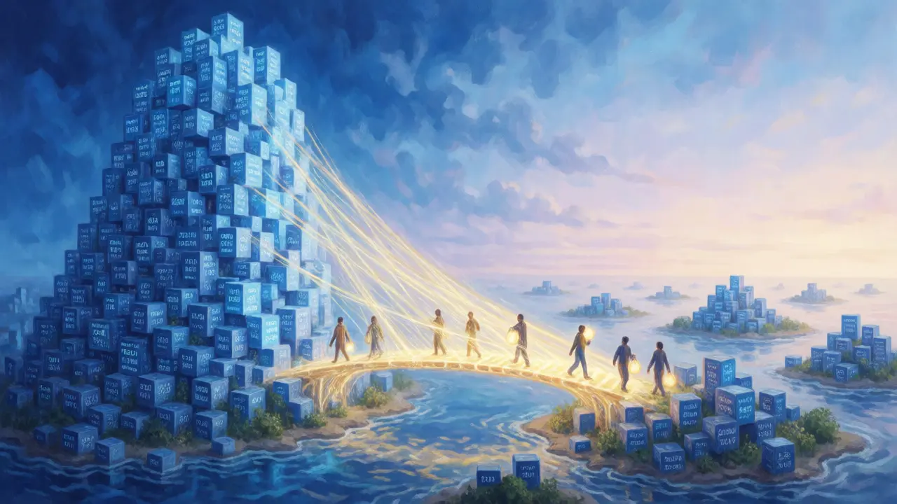 Conceptual art showing a bridge connecting a large English wiki tower to smaller language islands.