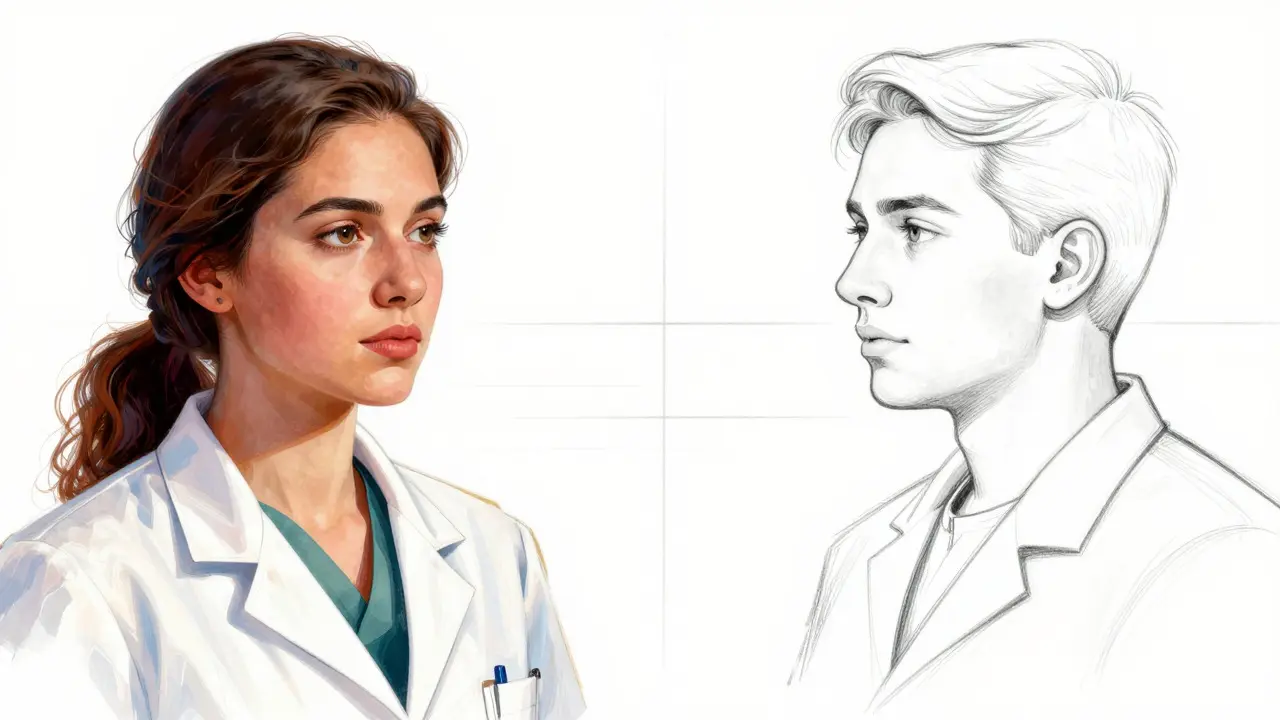 Conceptual art showing a detailed female portrait next to a simple male outline