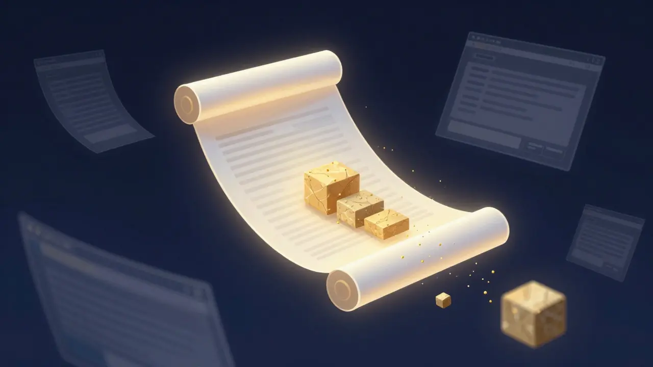 Conceptual art showing a digital document transforming into solid stone blocks to represent permanent archiving