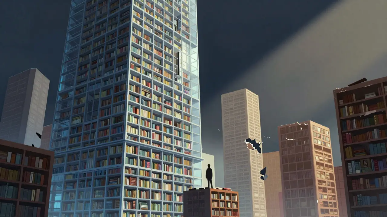 Conceptual art showing a giant library tower overshadowing smaller, fragmented structures