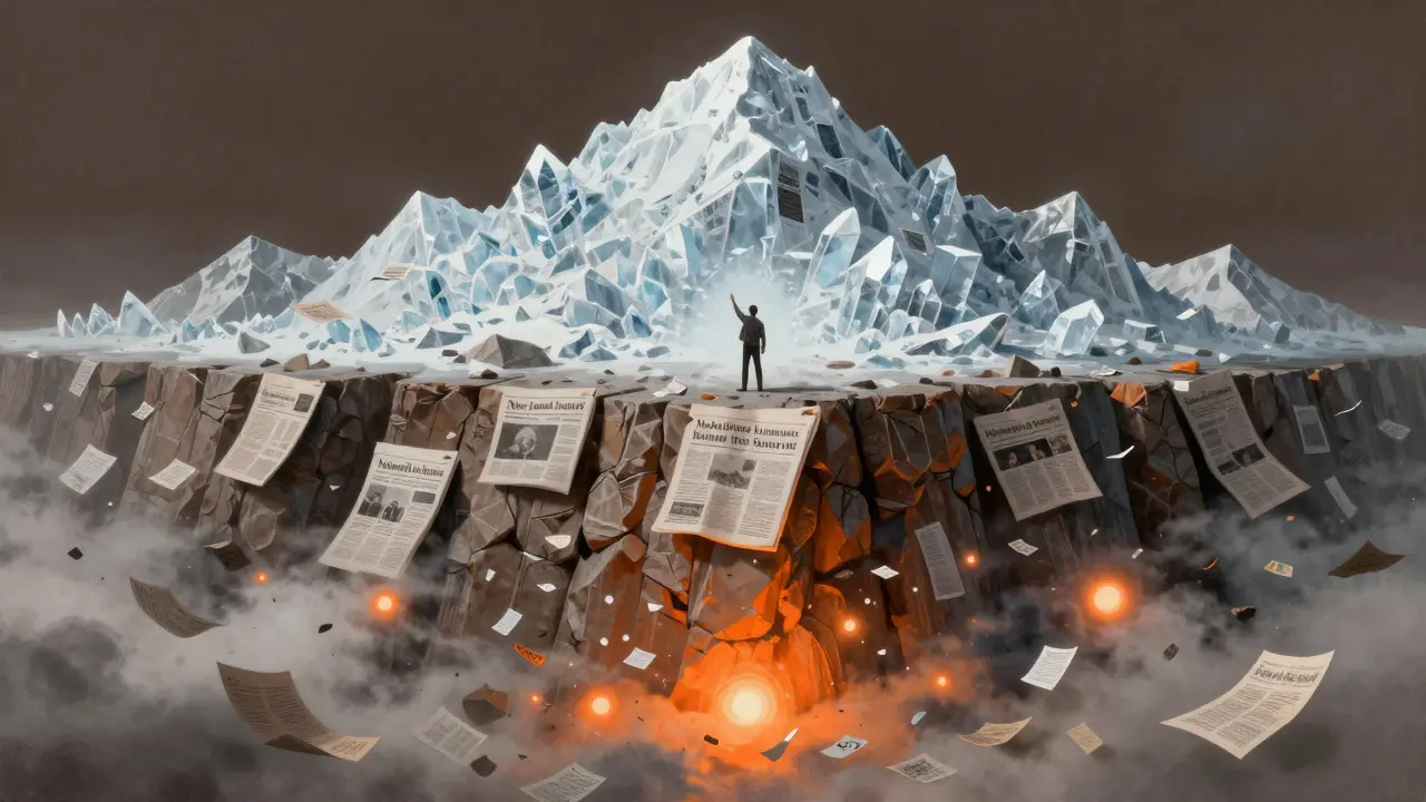 Conceptual art showing a hierarchy of news sources as a mountain landscape