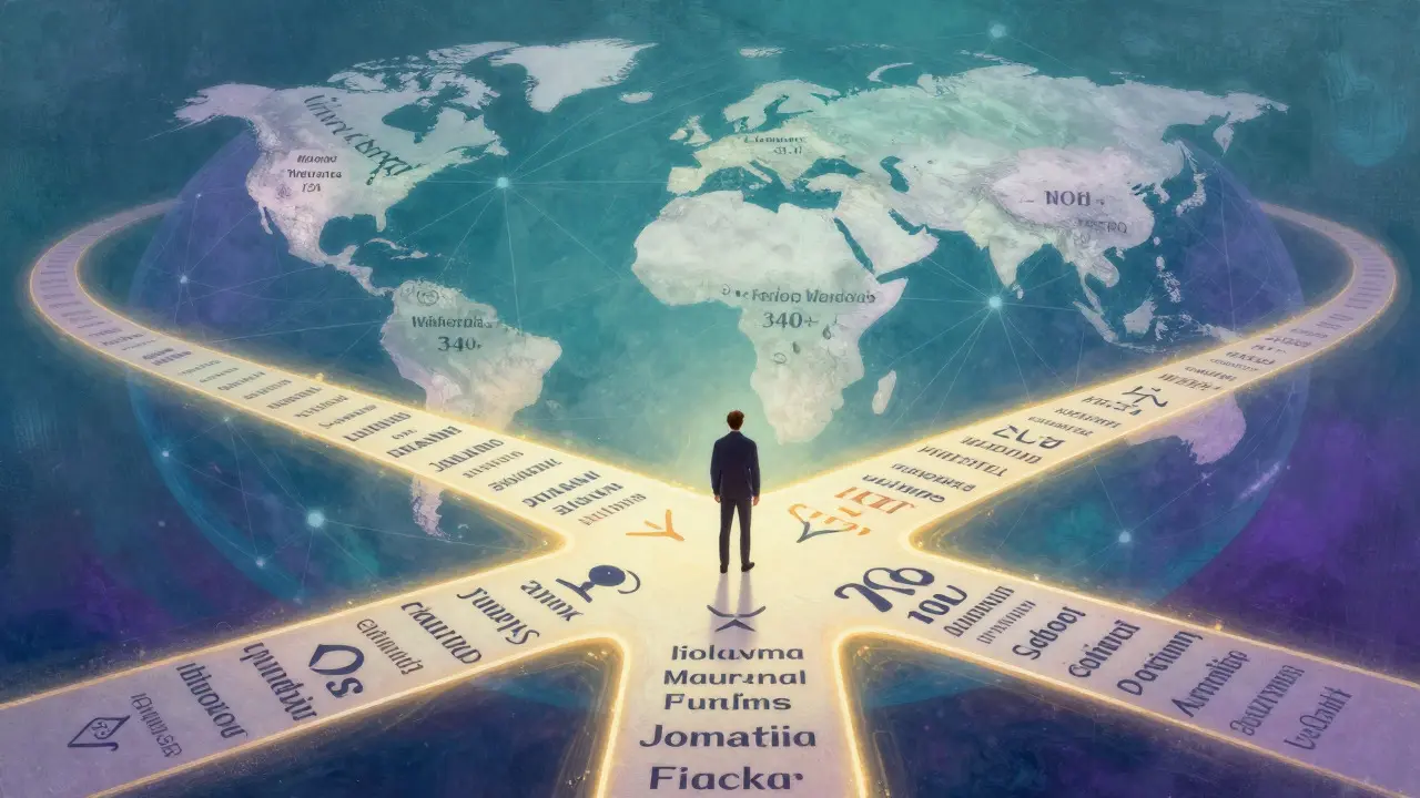 Conceptual art showing a person at a crossroads of glowing multilingual pathways