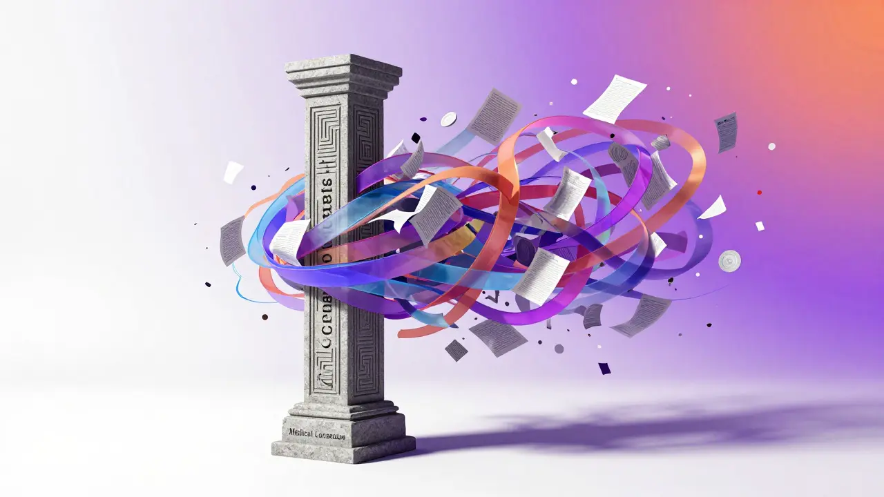 Conceptual art showing a solid stone pillar next to swirling chaotic ribbons