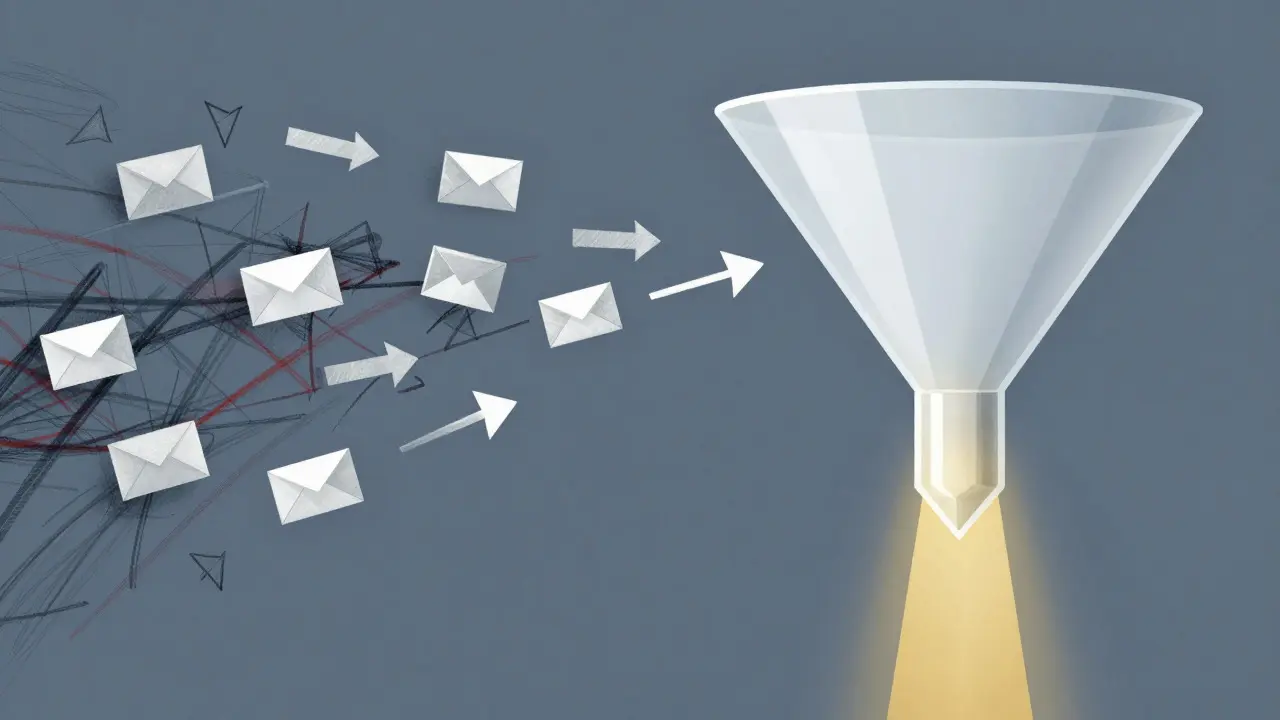 Conceptual art showing chaotic data filtered into a single beam of light