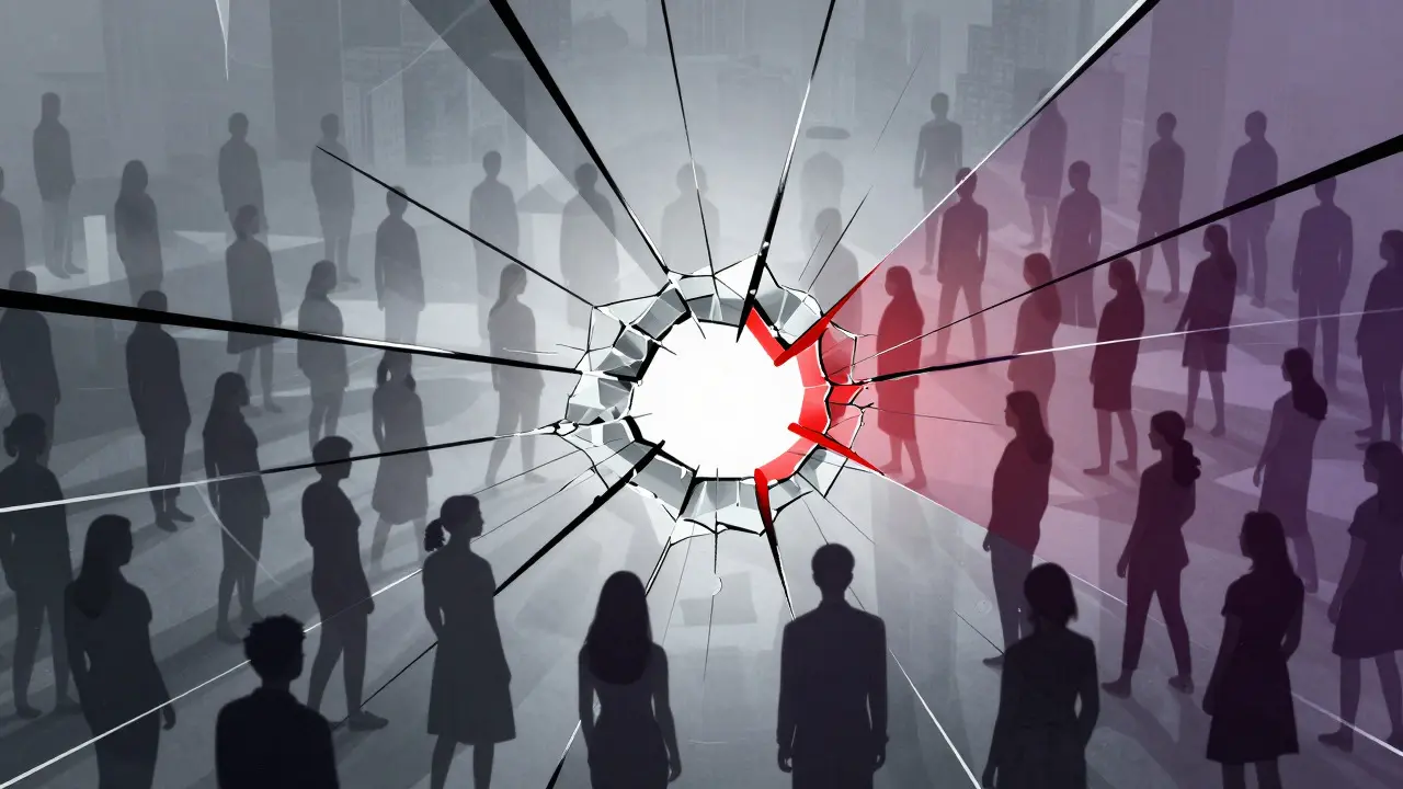 Conceptual art showing cracked glass structures with silhouettes of people fading away