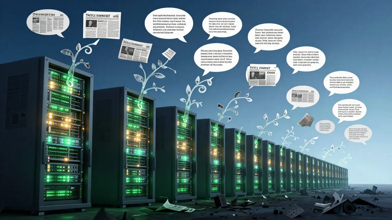 Conceptual art showing data servers transforming into trusted media narratives
