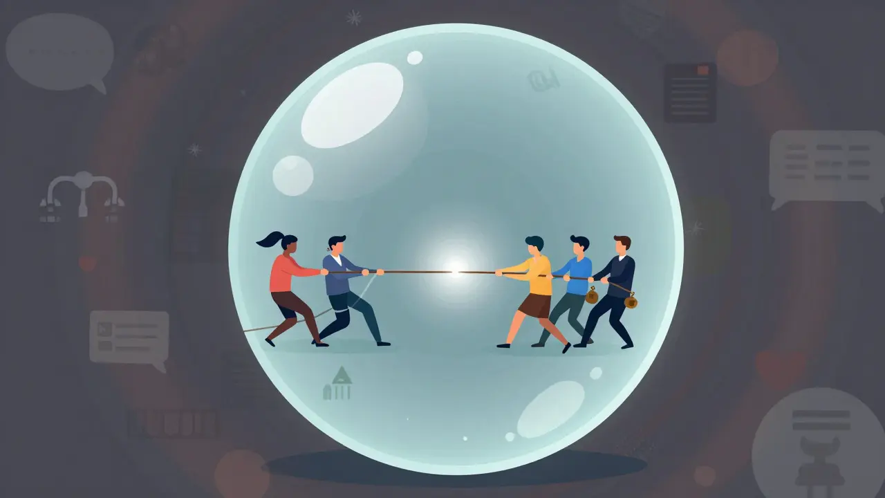 Conceptual art showing figures pulling a beam of light inside a glass sphere