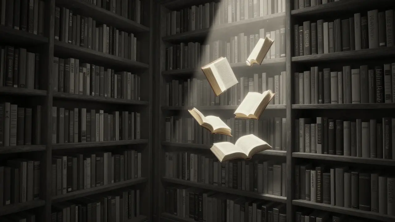 Conceptual art showing illuminated books in a dark library