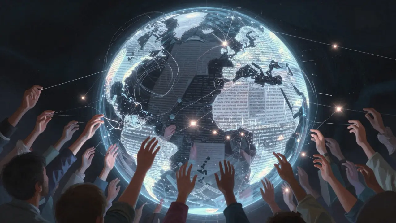 Conceptual art showing many hands editing a glowing sphere of data, representing collaborative wiki updates
