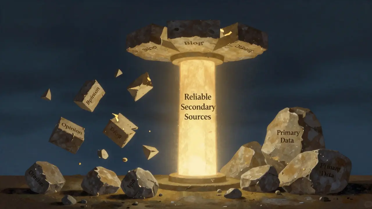 Conceptual art showing reliable sources supporting a structure while weak ones crumble