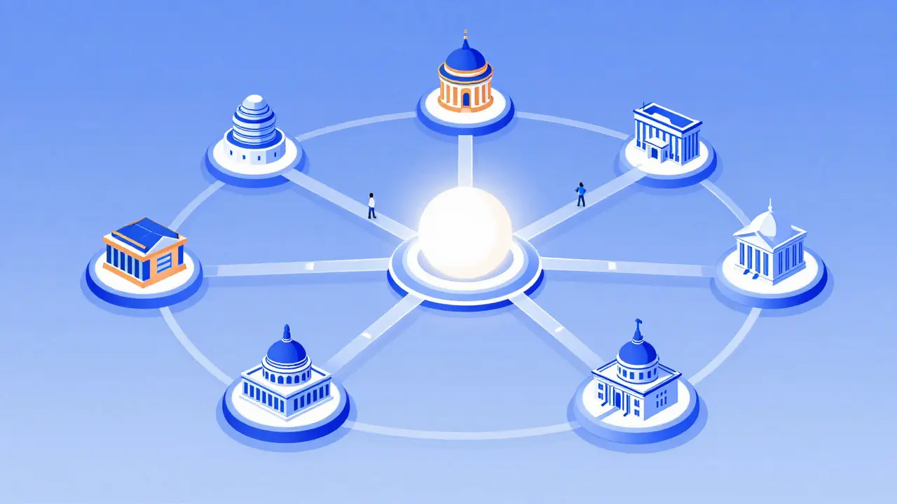 Conceptual diagram of a decentralized network connecting global hubs