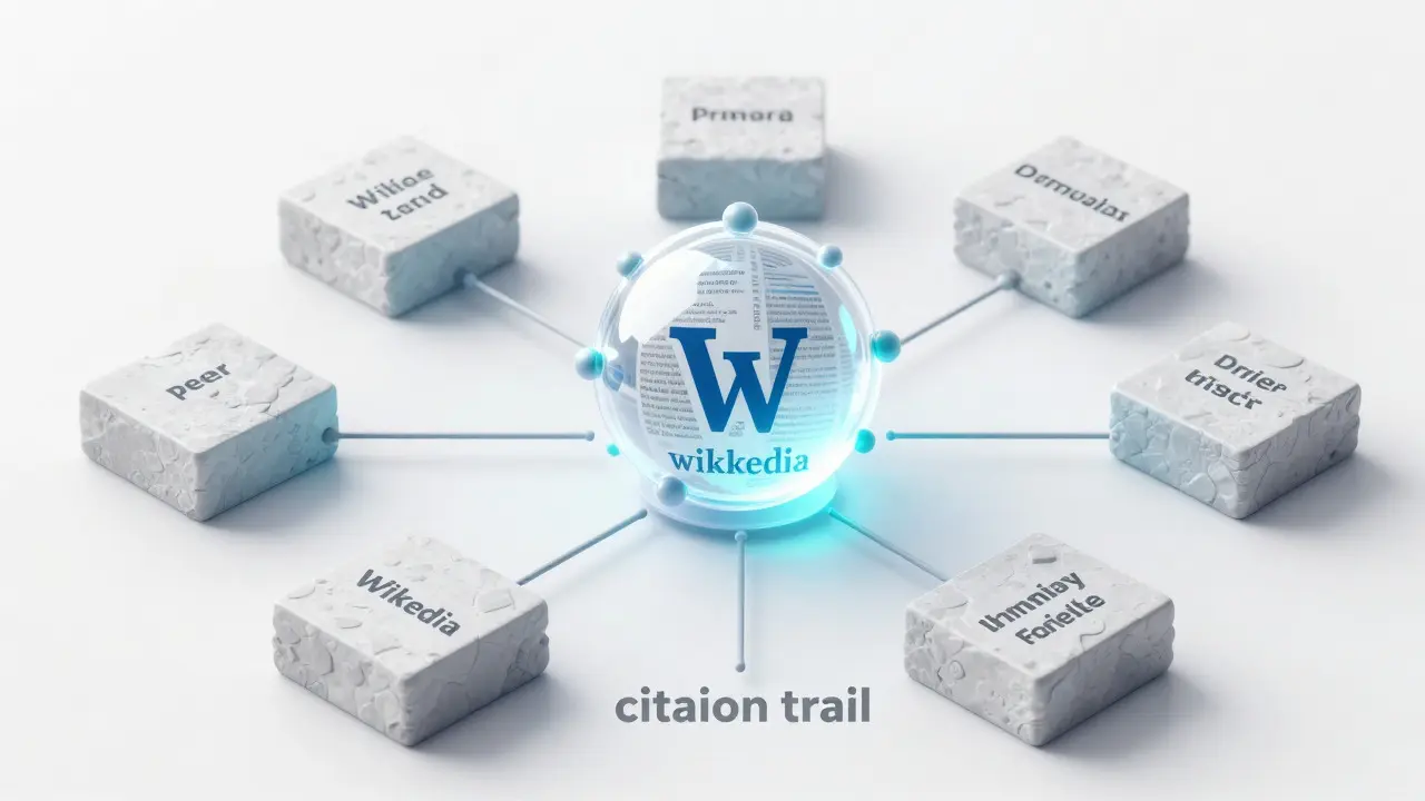 Conceptual illustration of a central knowledge node connecting to multiple primary source blocks