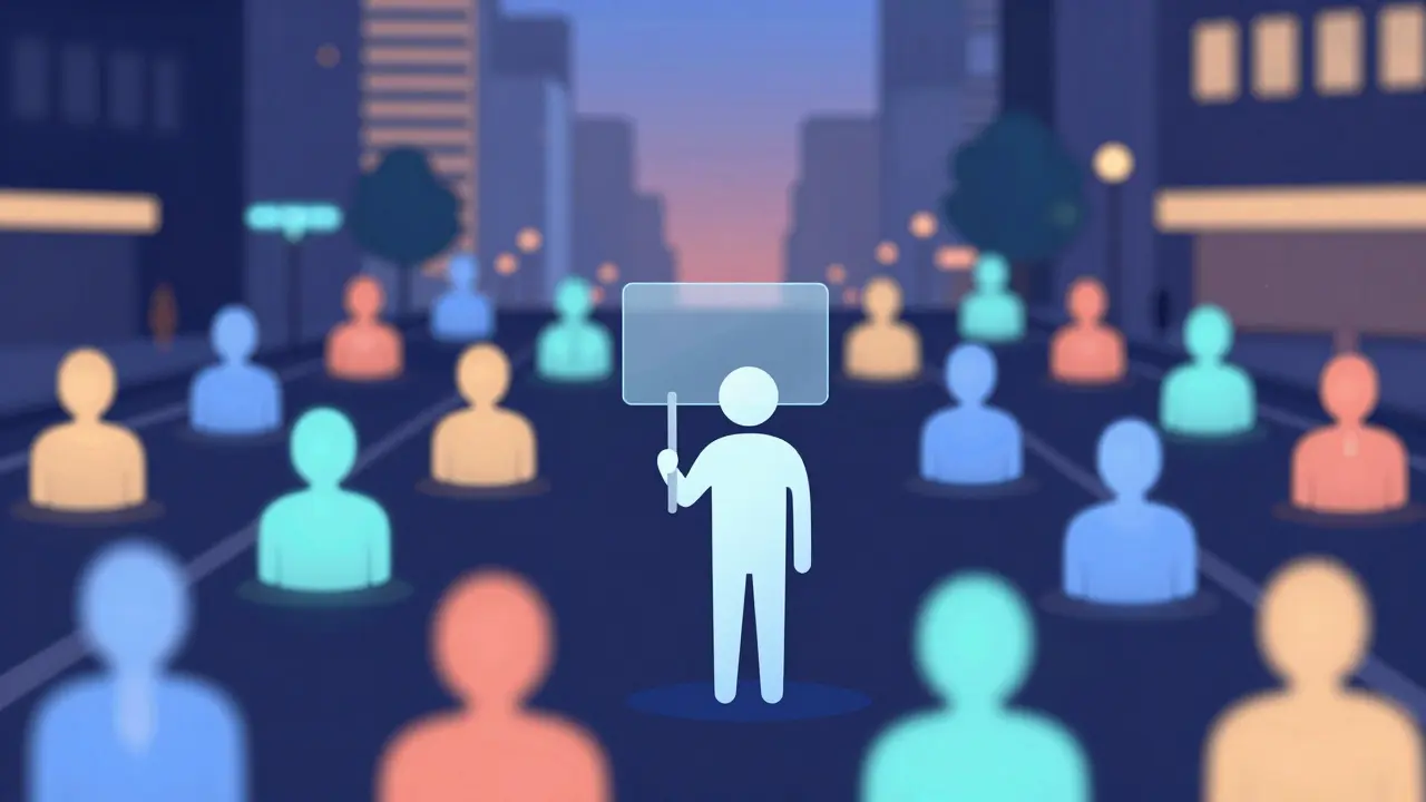 Conceptual illustration of a crowd of abstract figures, highlighting one clear, neutral shape amidst confusion.