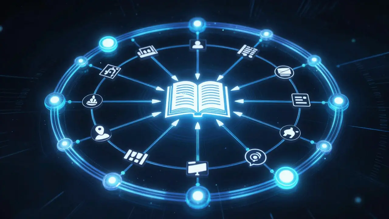 Conceptual illustration of a glowing circular data loop centered around an encyclopedia icon