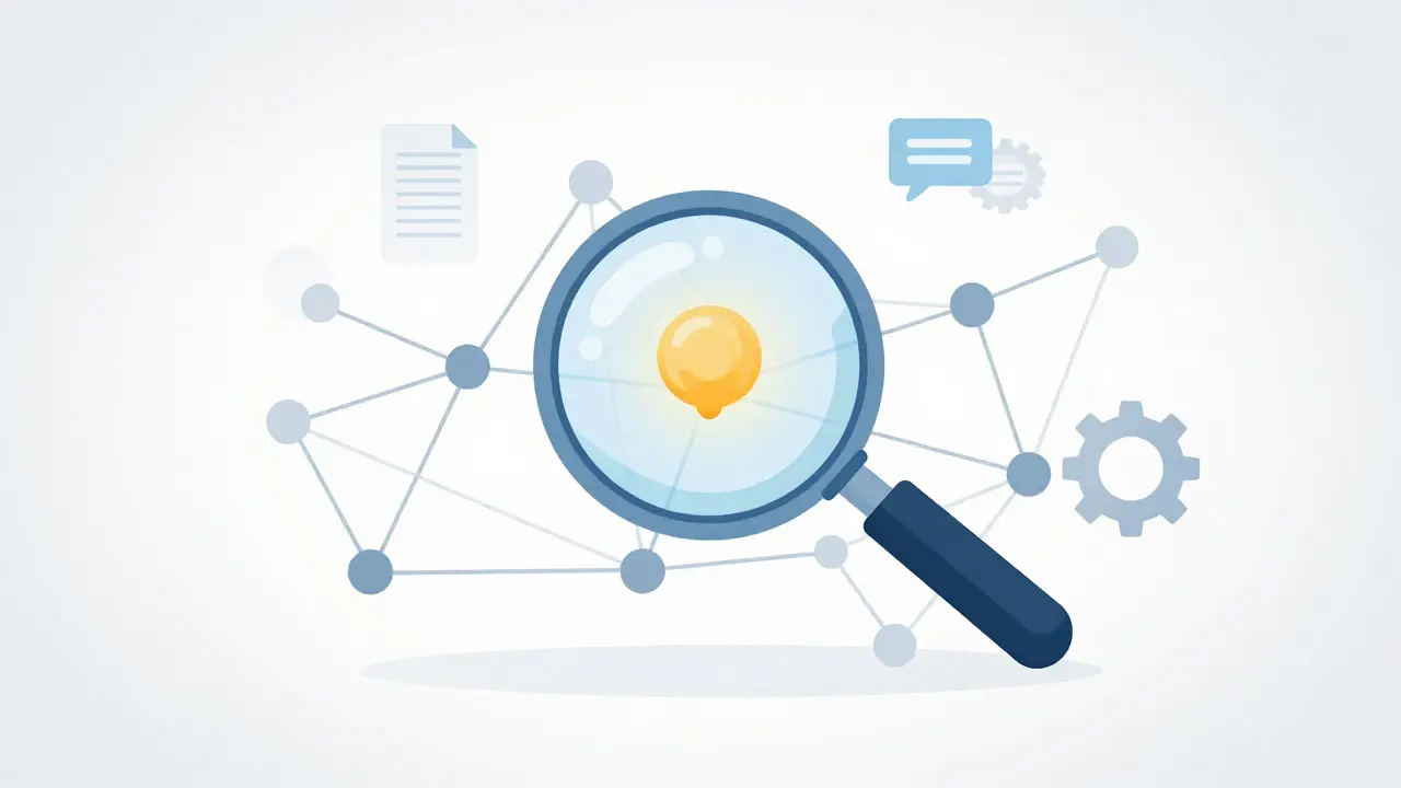 Conceptual illustration of a magnifying glass analyzing a data network