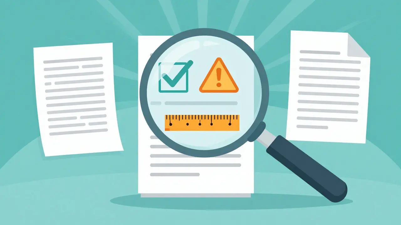 Conceptual illustration of a magnifying glass inspecting documents with quality check icons
