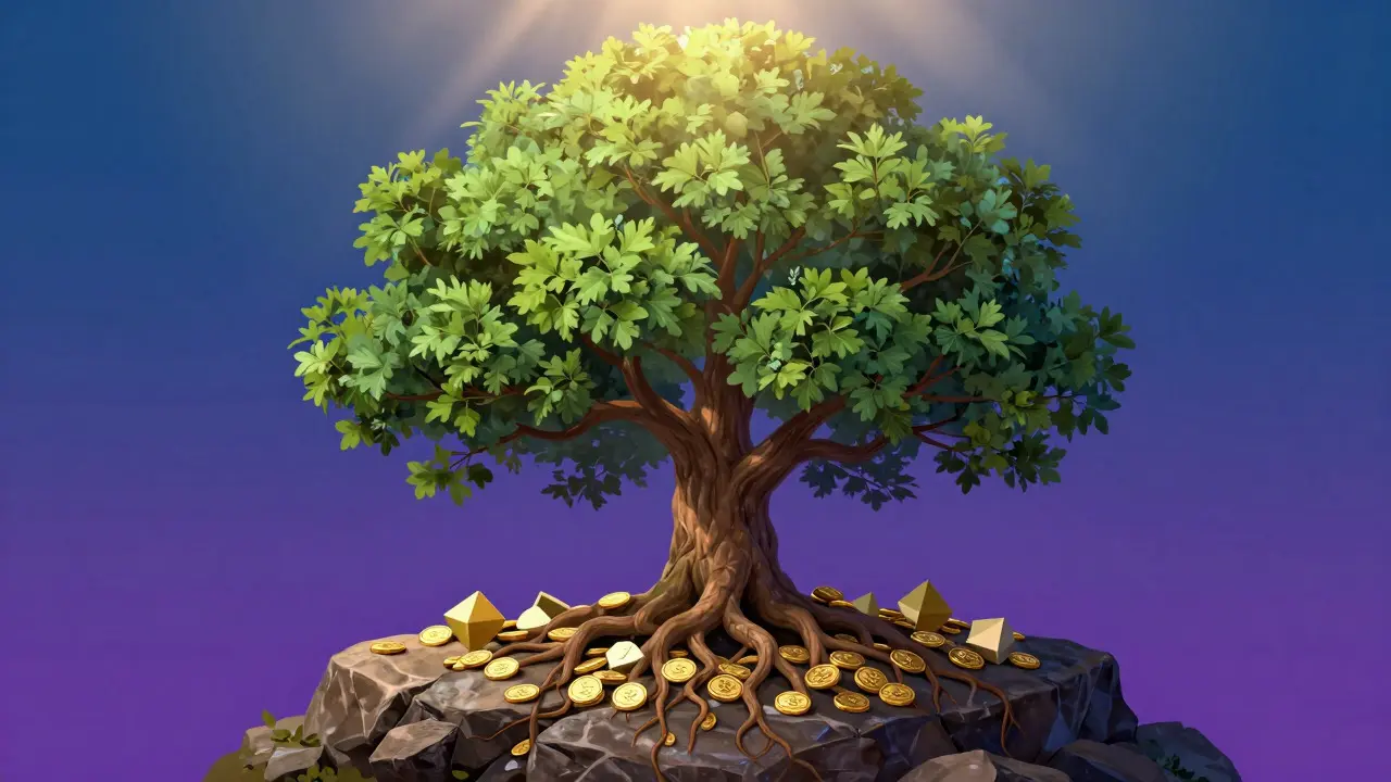 Conceptual illustration of a tree growing from gold coins