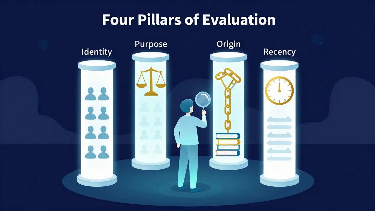 Conceptual illustration of four pillars representing source evaluation criteria