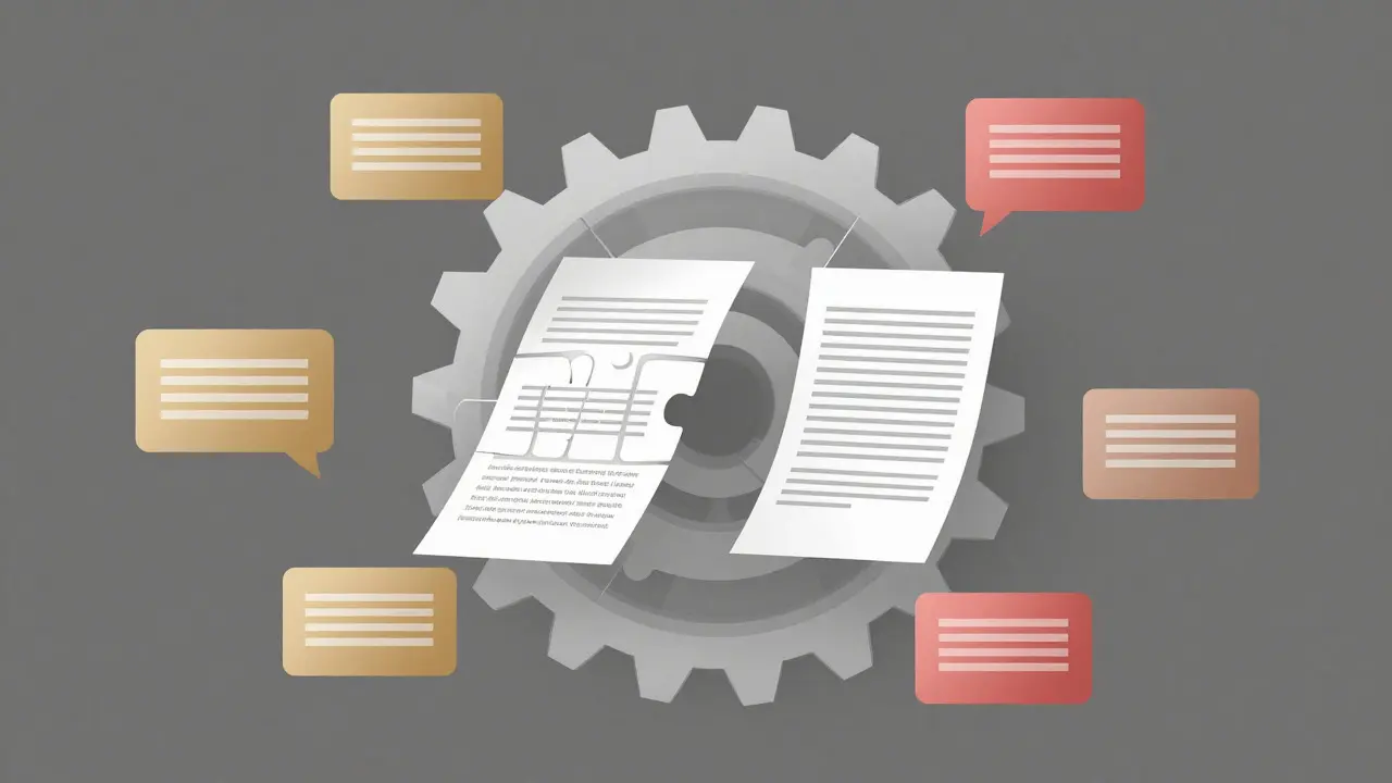 Conceptual illustration of gears and warning tags representing data verification