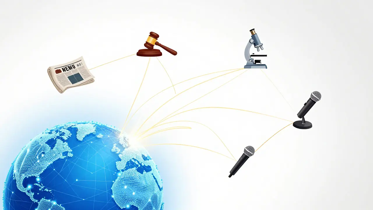 Conceptual illustration of global network connecting to newspapers, gavels, and microphones