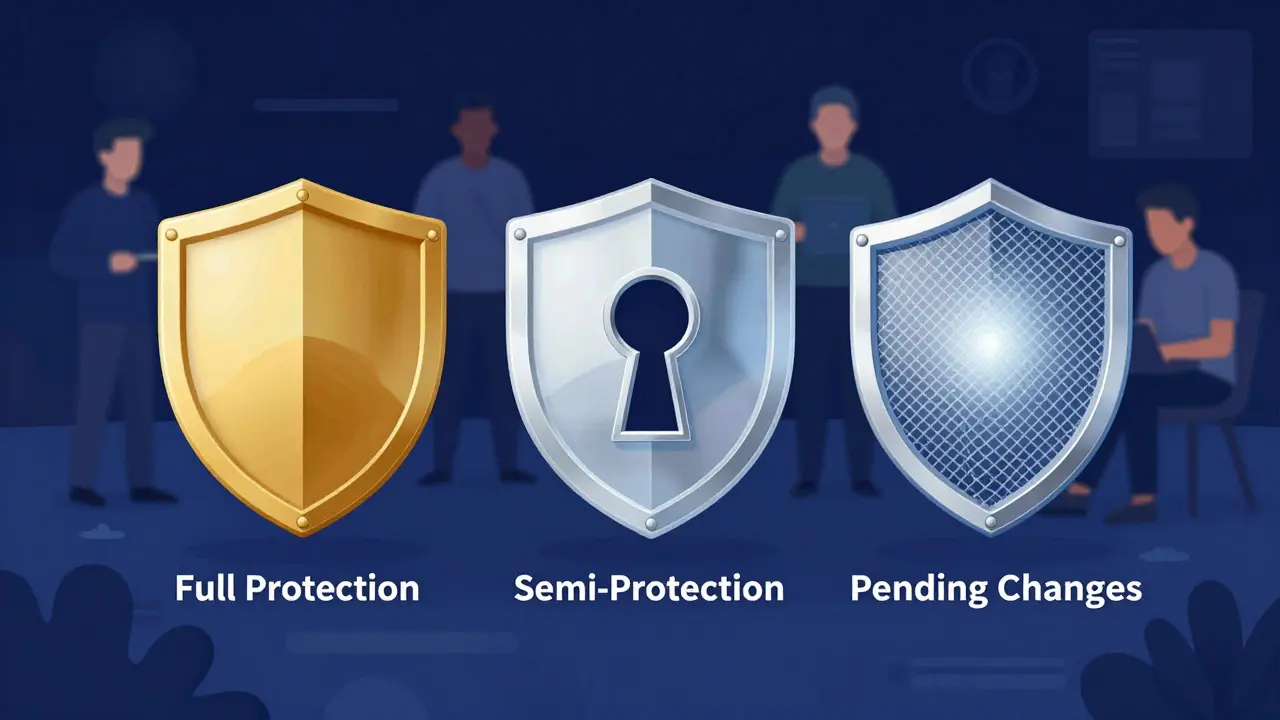 Conceptual illustration of three different Wikipedia protection levels as shields