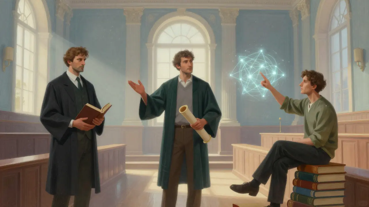 Conceptual illustration of three figures representing different instructor views on sources