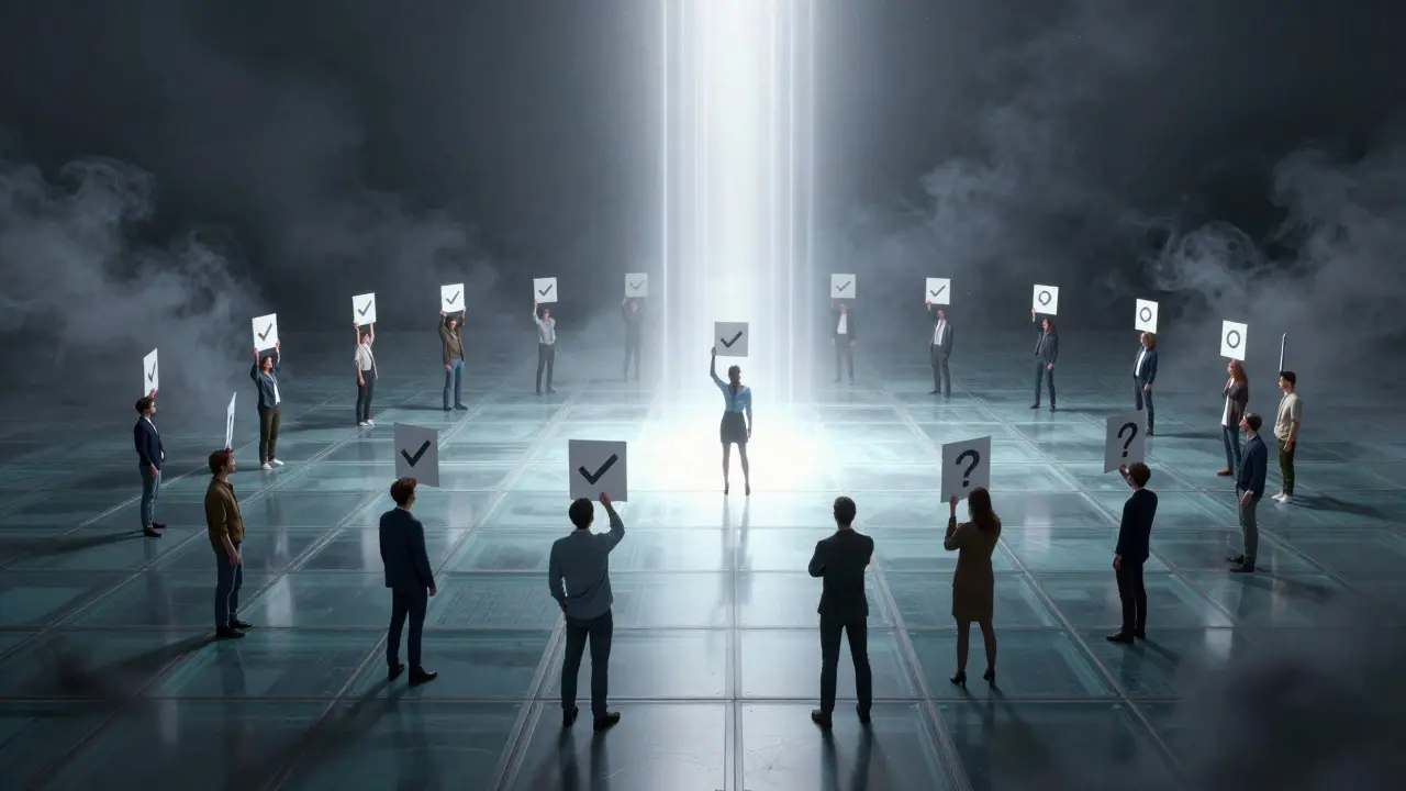 Conceptual plaza scene showing contributors balancing truth and chaos under a light pillar
