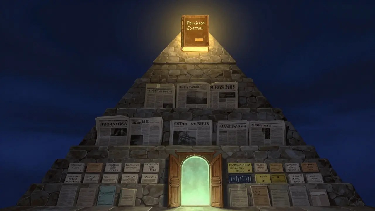 Conceptual pyramid illustrating the hierarchy of academic source reliability