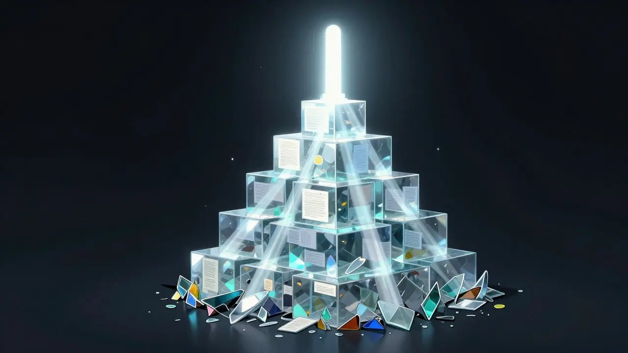 Conceptual pyramid of light merging chaotic shards into a solid beacon of consensus