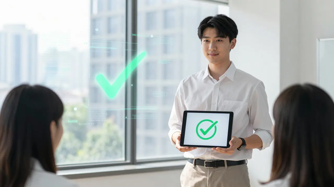 Confident graduate showcasing digital literacy skills in a professional setting
