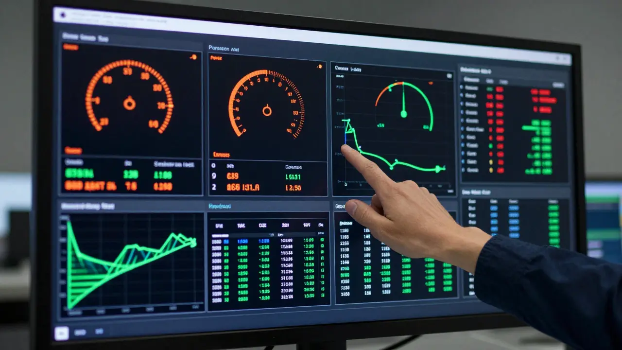 Control room monitor displaying system metrics with a hand pointing to an alert