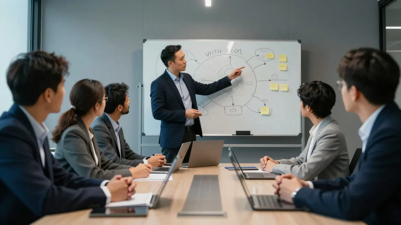 Corporate team discussing strategy around a table with abstract diagrams